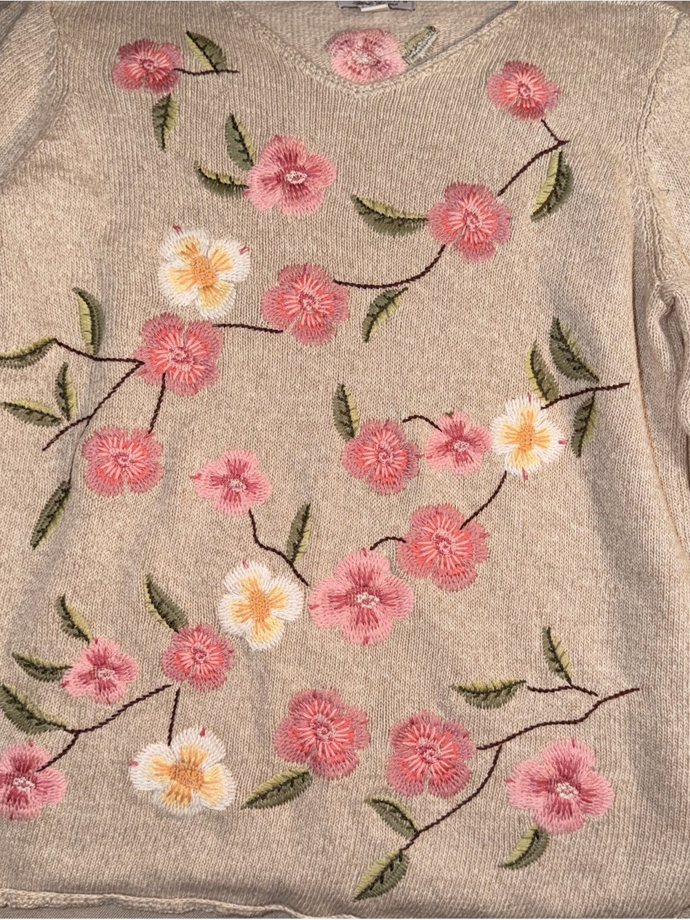 Vintage Appleseed’s Floral Embroidered Sweater M Beige Cotton Linen Cottagecore